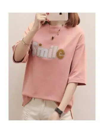 新款上衣宽松短袖t恤女装夏季衣服韩版大码学生半袖夏装韩范 616粉色