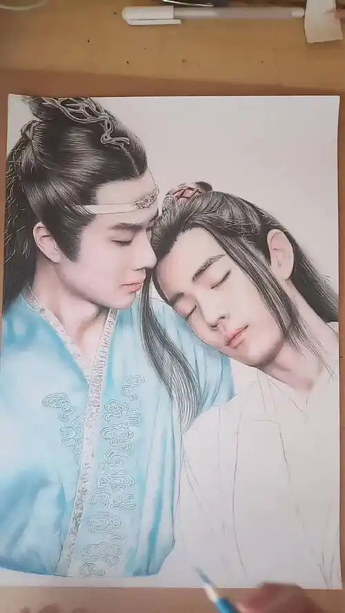 陈情令肖战王一博忘羡cp手绘画素描彩铅人像画绘画视频教程