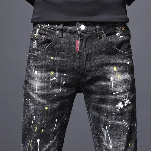 黑色牛仔裤男秋冬膝盖破洞补丁小脚裤欧美高街潮牌修身直筒裤