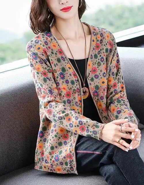 筱娅纯棉印花毛衣外套女开衫女士春秋二八月时尚针织上衣三四十岁女人