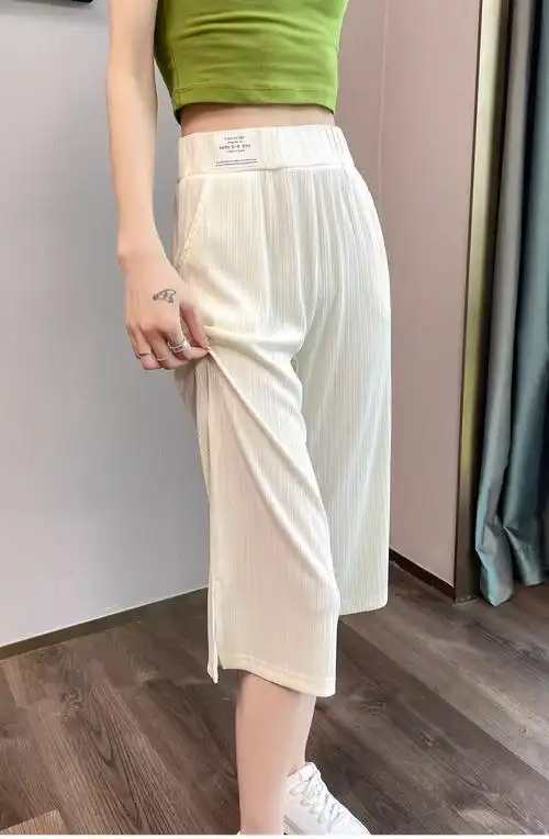 官图 冰丝七分裤女夏季薄款小个子宽松显瘦休闲直筒开叉中裤 - 17网