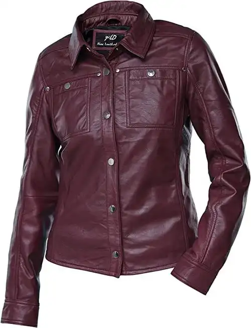 女式前纽扣小羊皮皮夹克 - 休闲衬衫长袖皮夹克女士带胸袋