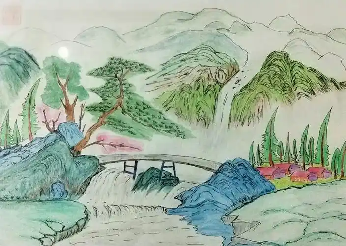 拙作一副: 钢笔彩铅山水画————小桥流水