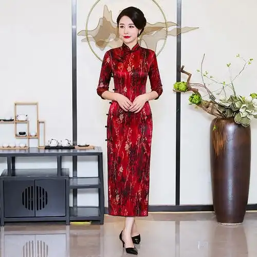 码高端七分袖旗袍 黑红色 s【图片 价格 品牌 报价】-京东