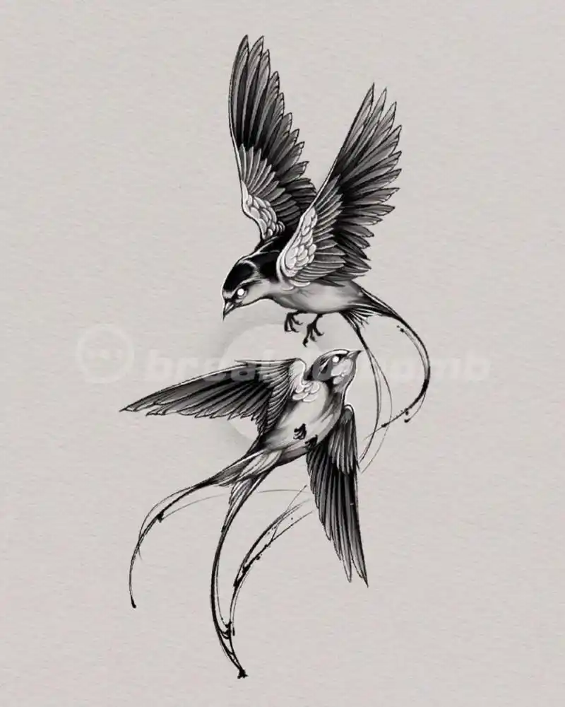 燕子纹身:吉祥如意爱情事业双丰收 双飞燕纹身手稿 #虎牙刺青# #杭州