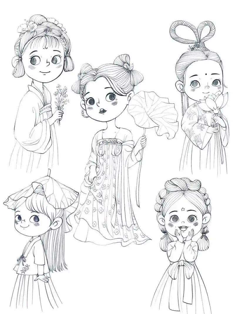儿童插画古风人物线稿合集 | 汉服 99最近觉得汉服小姐姐都好好看呐