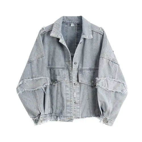 韩版清新复古洗水浅色牛仔外套做旧毛须边乞丐牛仔衣宽松夹克女秋