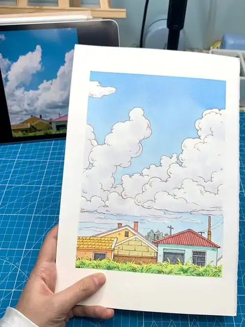 天空云朵背景平整又均匀的排线让人心变得安静,水彩上色蔚蓝的天空