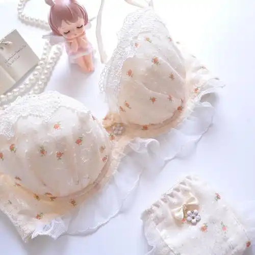 长期款日系雪纺双色刺绣薄罩杯学生少女可爱聚拢性感内衣文胸套装