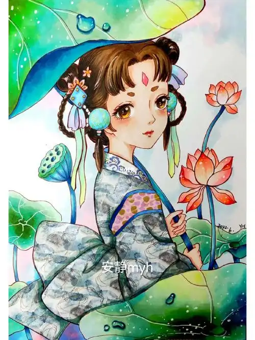 马克笔夏日荷塘漫画古风女孩