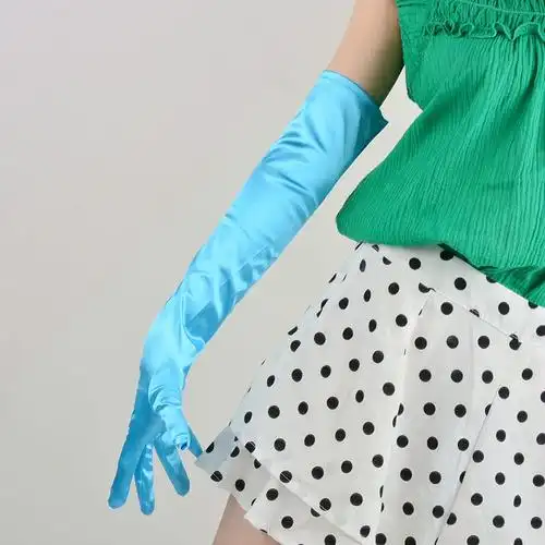 婚纱手套长款女弹性丝绸绸缎面宝蓝色香槟色过肘手套