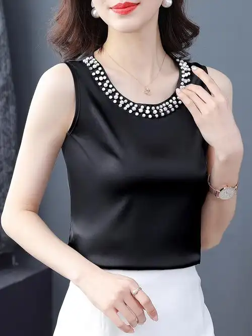 真丝吊带背心女夏季外穿宽松大码无袖钉珠上衣女丝绸缎面内搭小衫