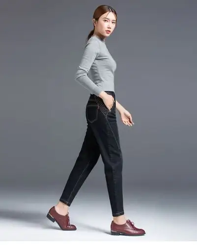 柏漫丝 女士九分加绒牛仔裤女秋冬宽松小脚萝卜裤休闲大码裤子老爹