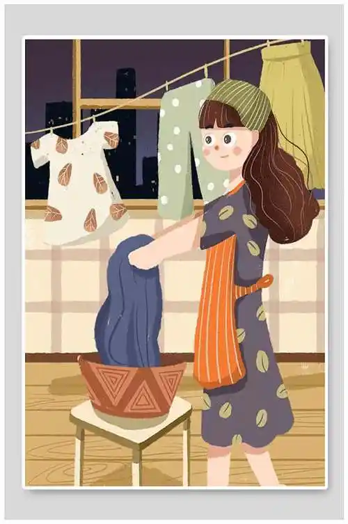 洗衣服劳动节清新治愈系插画简约卡通劳动节晾衣服主题插画清新晾衣服
