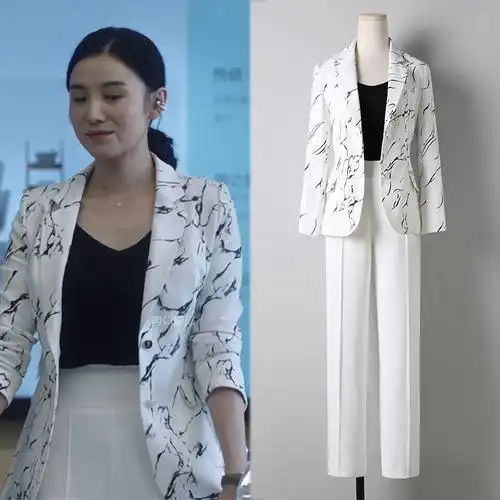 现货宋佳南俪同款衣服女春季新款修身气质通勤印花西服外套西装