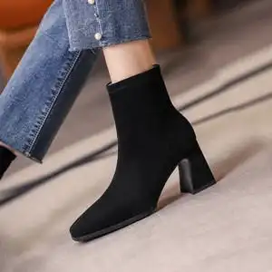 法式高跟短靴女方头英伦风磨砂翻皮马丁靴真皮粗跟黑色加绒瘦瘦靴