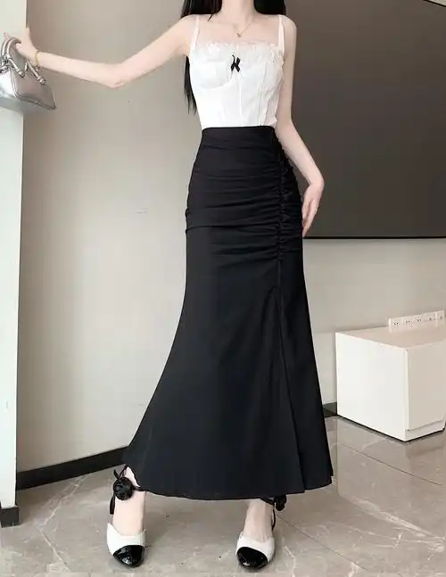 实拍实价 新款高腰皱褶长款鱼尾裙开叉半身裙显瘦a字包臀裙女 - 17网
