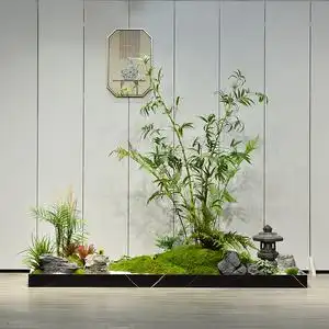 室内造景新中式茶室玄关形象墙装饰布置仿真绿植罗汉竹迎客松景观