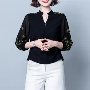 雪纺衫女夏装时尚刺绣宽松遮肚子洋气中年妈妈减龄v领七分袖上衣