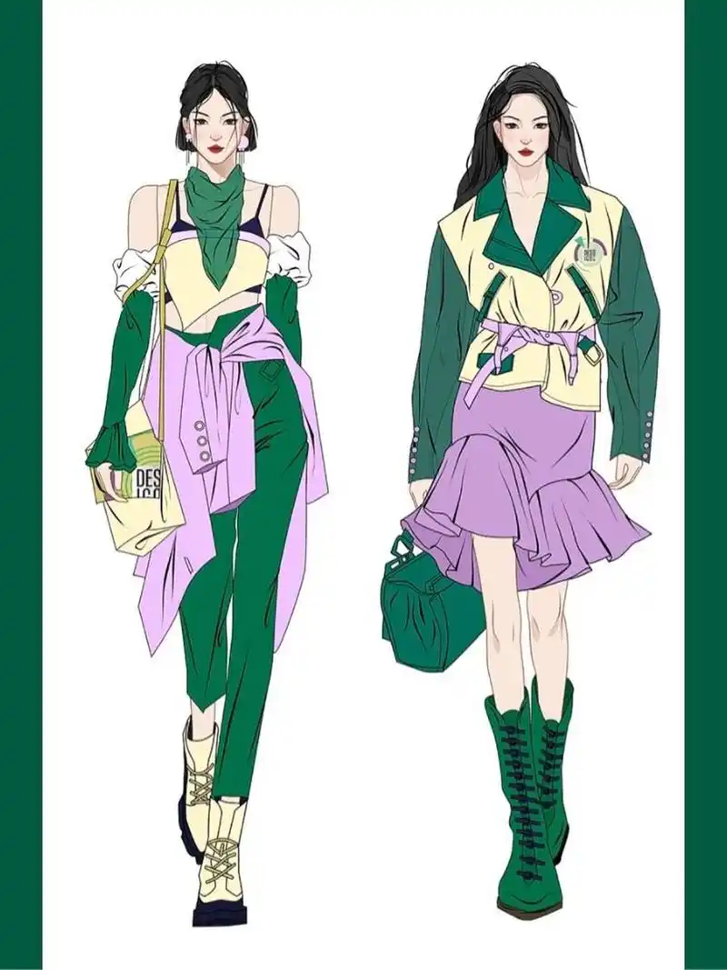 服装效果图| 绿紫互补色配色(二) 软件:corel draw2021