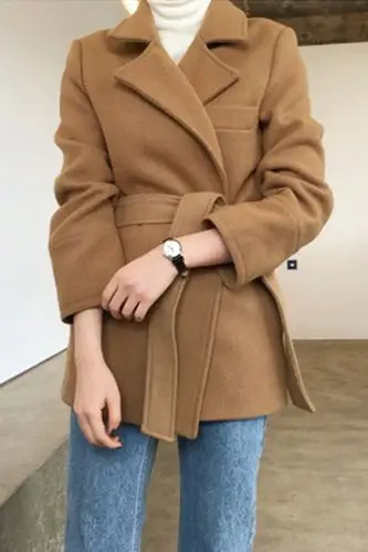 韩版秋冬大码毛呢外套女翻领收腰系带修身显高短款学院风百搭上衣