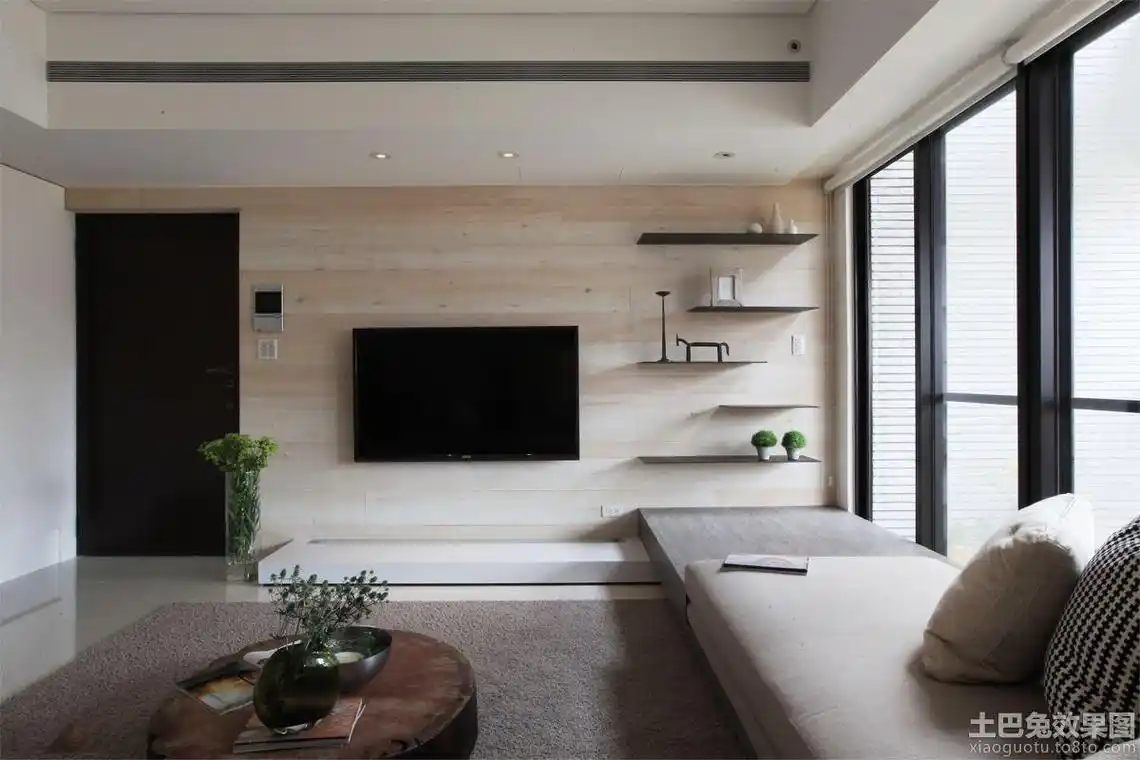 现代简约客厅木质电视背景墙装修效果图 时尚简约风格客厅背景墙