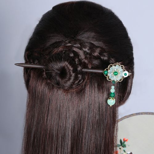 发簪古风丸子头步岫玉花朵盘发百搭流苏苏木发饰