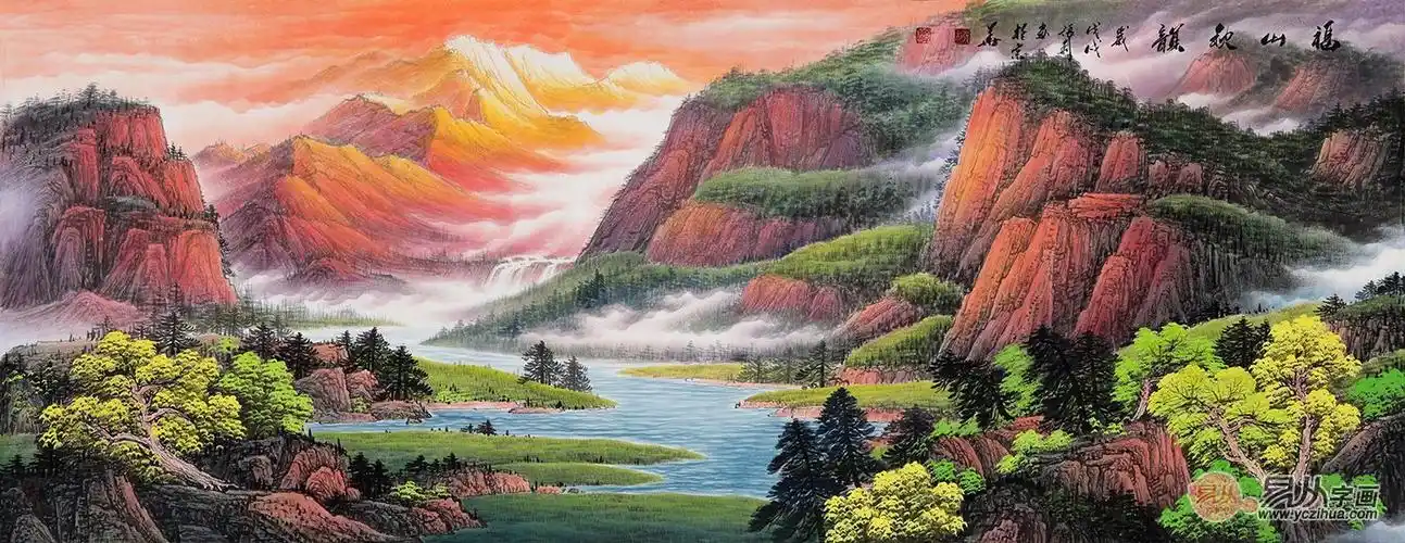 张利精品六尺横幅重彩山水画聚宝盆《福山秋韵》 作品来源:易从网