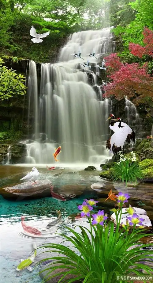 流水生财风景字画高清分辨率喷绘打印办公室挂画素材山水花草