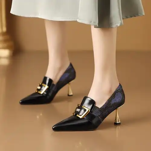 名媛正装宴会辣妈性感高跟鞋春秋季鞋子尖头细跟裸靴金属扣单鞋女