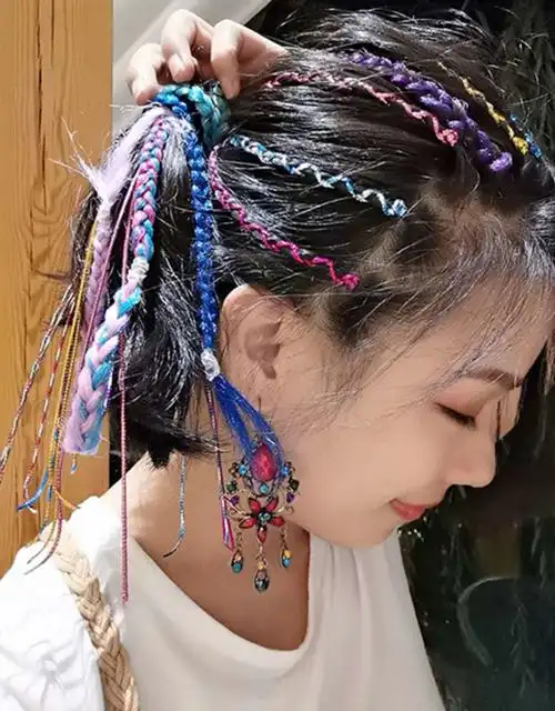 编发彩绳七彩发带脏辫编发绳扎头发丝带网红编发彩带舞台造型藏辫渐变