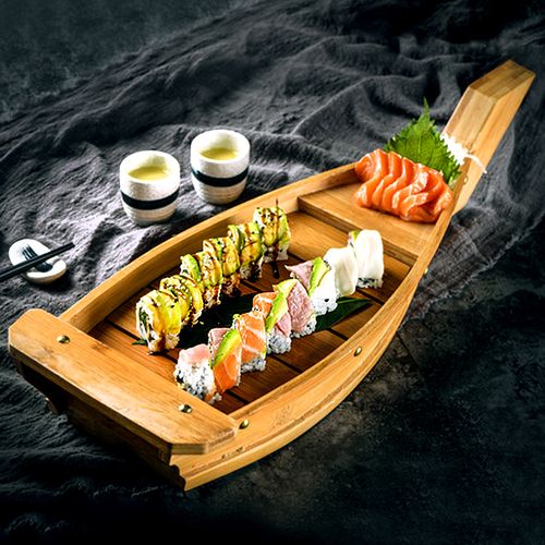 寿司船竹船木船日式刺身船干冰料理船自助餐海鲜拼盘特色寿司盛台