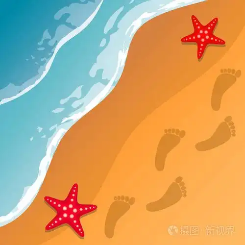 海滩背景海岸海浪和沙子海星在沙滩上的脚步痕迹向量