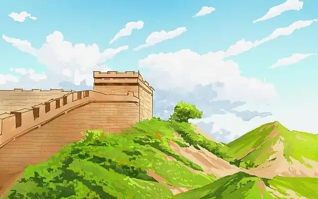 唯美清新风格手绘卡通长城风景插画长城插画