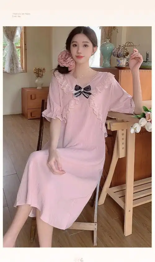 抖音网红直播新款睡裙女夏短袖天丝爽棉甜美少女中长裙家居服睡衣