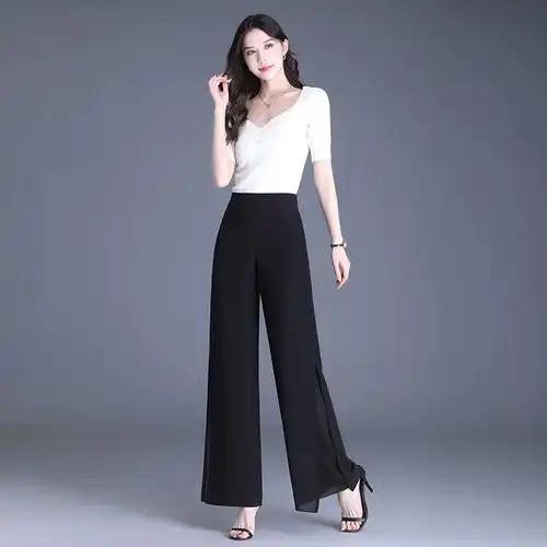雪纺阔腿裤新款夏季女高腰垂感宽松开叉裤子显瘦显腿长高级感长裤