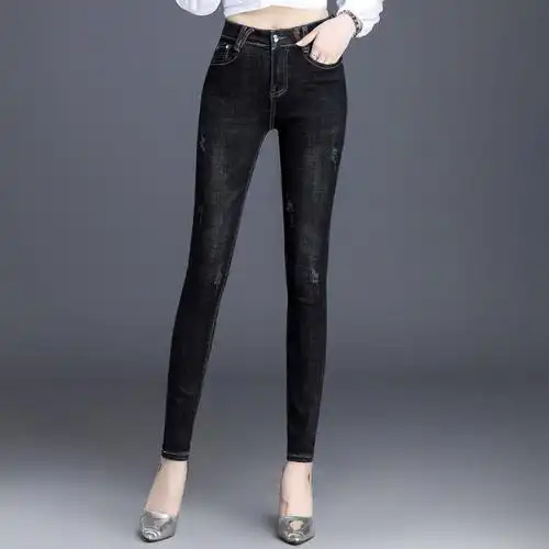 冬季女款修身牛仔裤2021高腰牛仔裤女秋冬季修身显瘦弹力学生铅笔裤