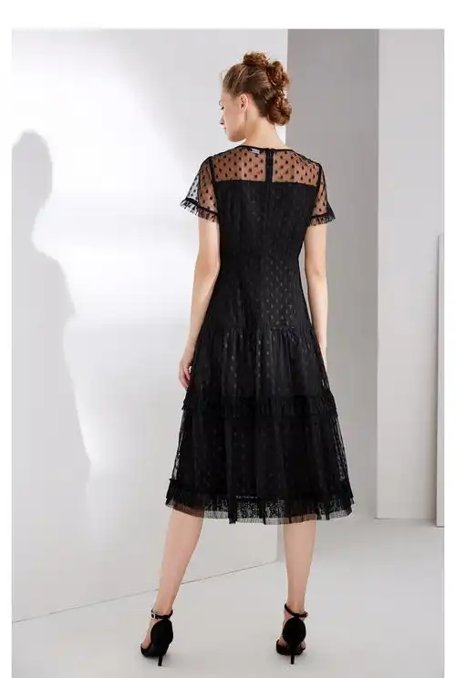 颜域女装夏装2018新款波点网纱拼接一字肩圆领修身短袖连衣裙女夏