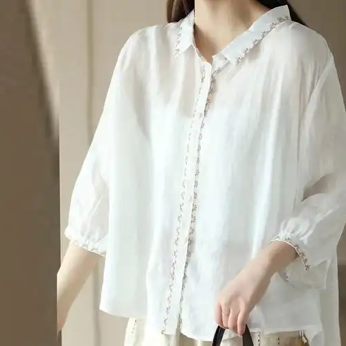 2024新款轻薄减龄亚麻女士100苎麻衬衣七分宽松%夏季袖气质衬衫