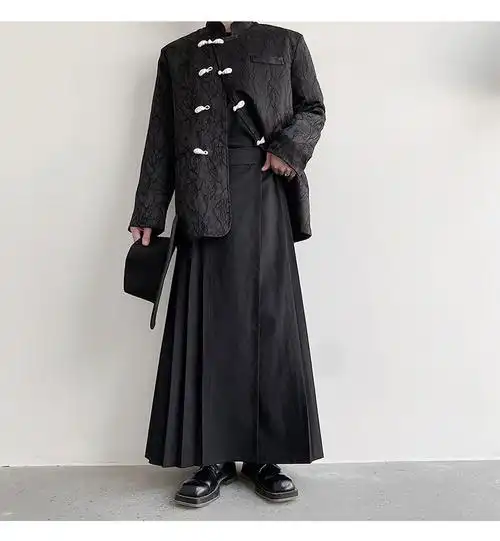 秋季暗黑小众个性性a字裙潮流复古褶皱马面裙时髦男女裙子发型师 黑色