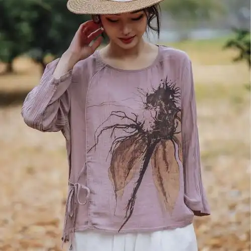 国风夏季新款圆领苎麻印花衬衫t恤衫休闲拼接斜襟系带宽松上衣女