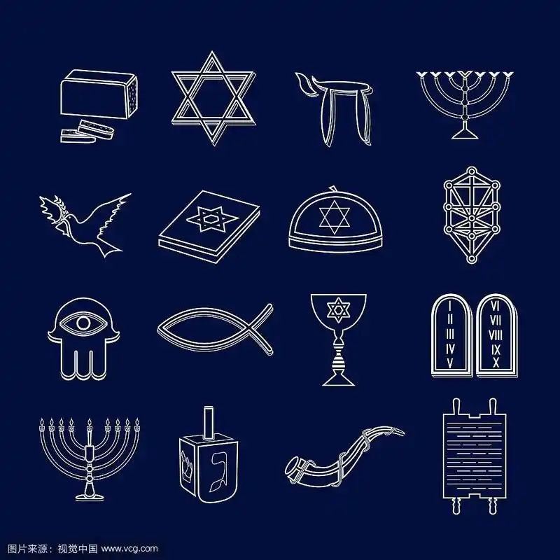 犹太教堂传统宗教符号轮廓图标设置孤立矢量插图