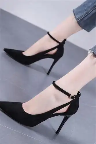 时尚百搭尖头细跟高跟鞋2019春秋新款性感镂空一字扣带浅口单鞋女