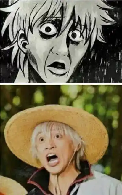 《银魂》来举例,本周公开的最新剧照中,小栗旬居然连银桑这个表情都能