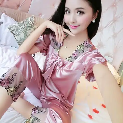 夏天真丝睡衣女夏季韩版蕾丝性感短袖甜美冰丝绸缎家居服两件套装