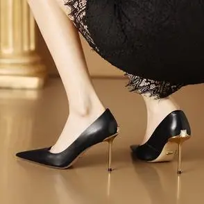舒适细跟浅口单鞋气质牛皮高跟鞋女性感尖头简约通勤女鞋爱知季