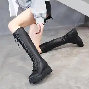 芙马丁靴女春秋2021冬新款百搭加绒厚底短靴英伦系带高筒靴子【外贸原