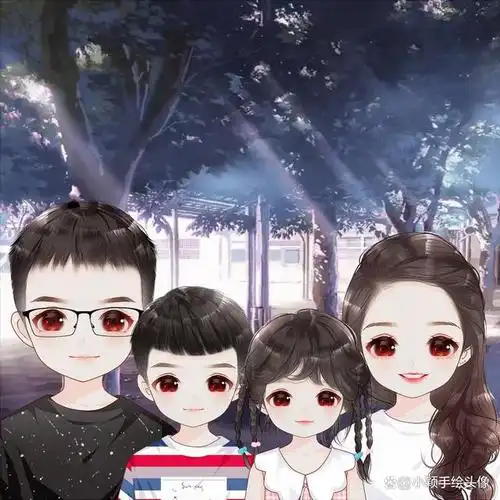 可爱卡通头像,一家四口手绘漫画全家福,简单的幸福更特别