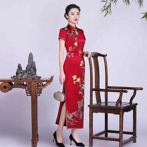 钱塘佳人妈妈婚宴旗袍长款气质优雅红色醋酸缎面旗袍