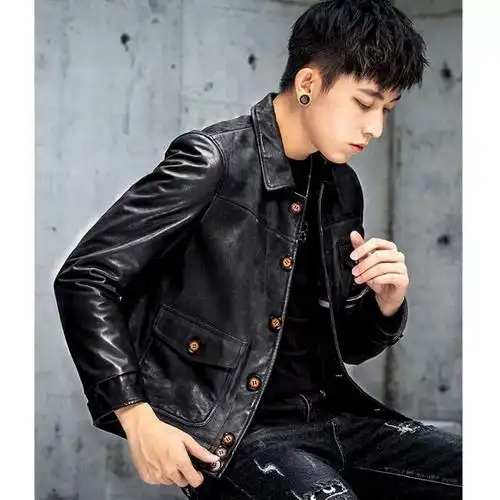 外套短款翻领修身皮夹克男潮韩版复古新款高端进口真水洗皮衣男士